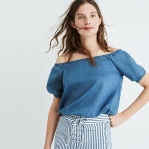 Madewell Indigo Off The Shoulder Bubble Crop Top